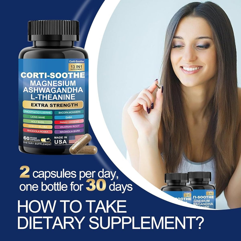 CORTI-SOOTHE 13 en 1 – Fórmula Avanzada para Estrés, Ansiedad, Enfoque Mental y Bienestar Emocional – Extra Strength 60 Cápsulas Veganas