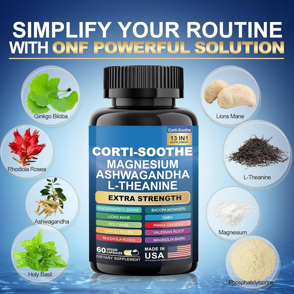 CORTI-SOOTHE 13 en 1 – Fórmula Avanzada para Estrés, Ansiedad, Enfoque Mental y Bienestar Emocional – Extra Strength 60 Cápsulas Veganas