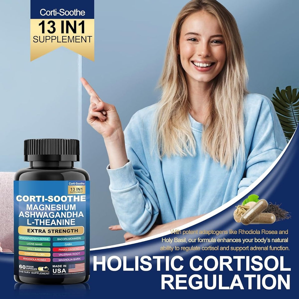 CORTI-SOOTHE 13 en 1 – Fórmula Avanzada para Estrés, Ansiedad, Enfoque Mental y Bienestar Emocional – Extra Strength 60 Cápsulas Veganas