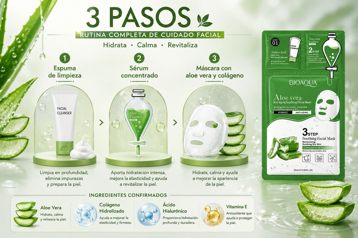 Máscara Facial de Aloe Vera y Colágeno en 3 Pasos
