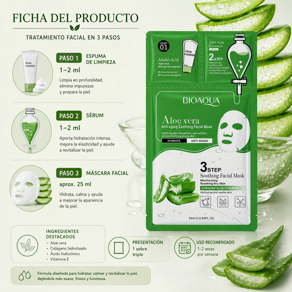 Máscara Facial de Aloe Vera y Colágeno en 3 Pasos