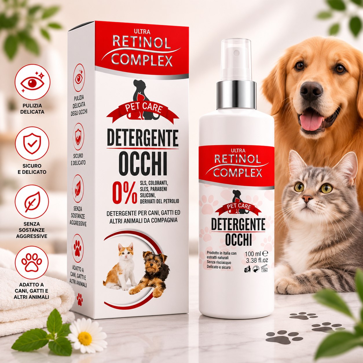 Limpiador de Ojos para Mascotas Retinol Complex – Higiene Ocular Suave para Perros y Gatos – 100ML